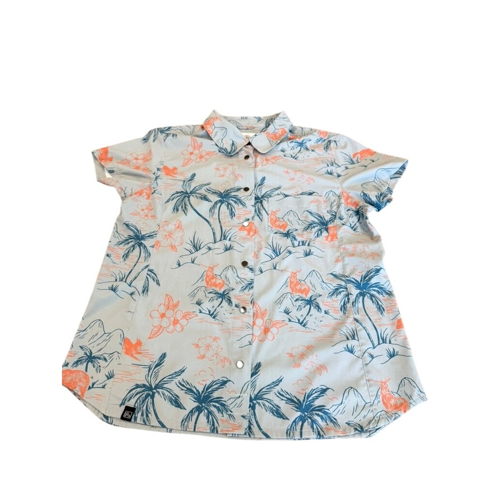 Flylow Mens Short Sleeve Snap Front Tropical Palm Print Shirt Blue Orange SZ M